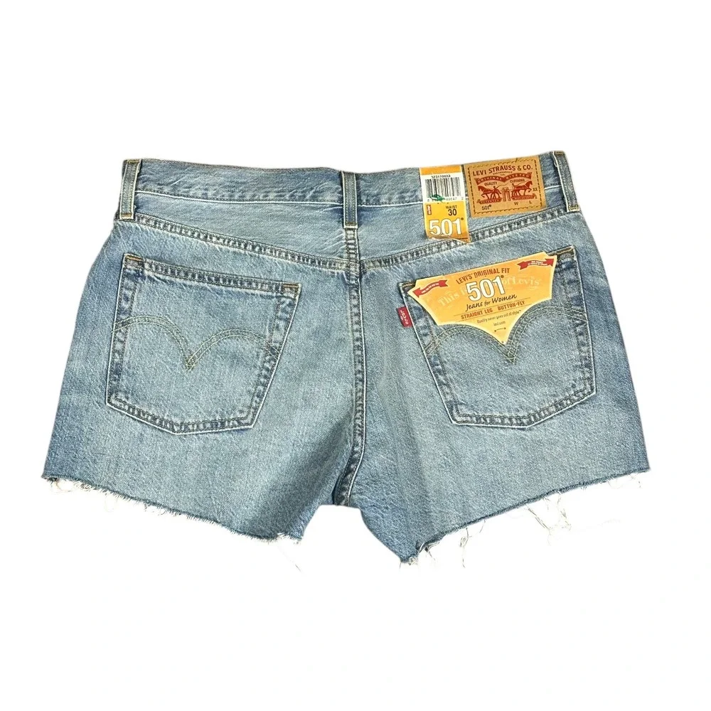 Levi's 501 Original Fit Shorts Women Size 30 Blue Distressed Patch Denim NEW